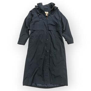 L.L. Bean Dark Blue Hooded Trench Coat with Plaid Liner "SLIT"